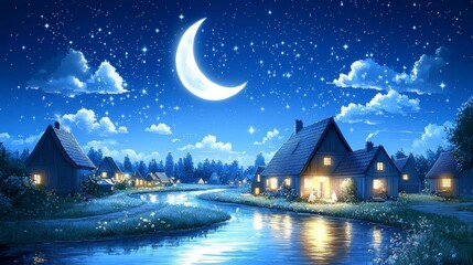 Fototapeta premium Enchanting Night Village by the River