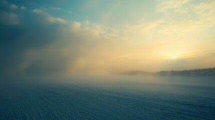 Obraz premium Misty winter sunset over snowy landscape.