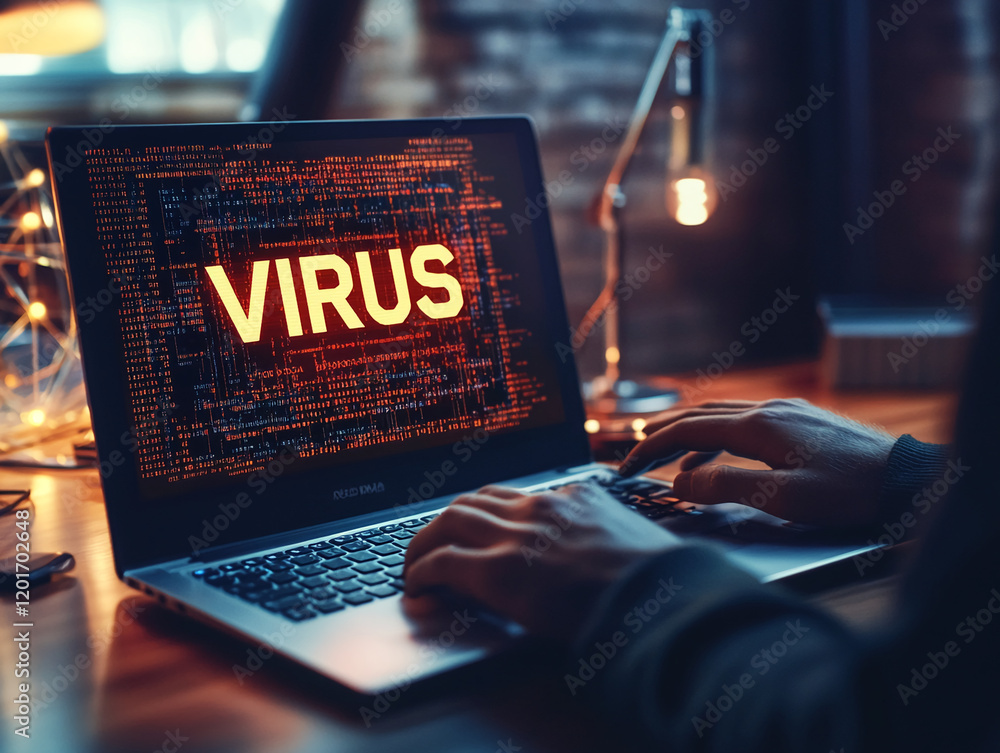 Poster computer screen displaying the word virus while a person types on a laptop in a dimly lit workspace