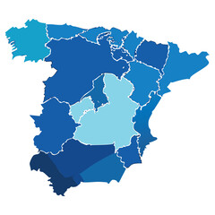 Detailed geographic map showcasing Spain's regions with distinct color coding and regional demarcations emphasizing its territorial differences.