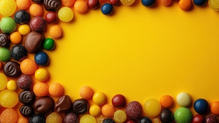 Fototapeta premium Colorful candies frame on yellow background.