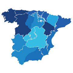 Illustration of Spain's map showcasing individual regions using distinct blue tones. Ideal for educational, geographic, or data visualization purposes.