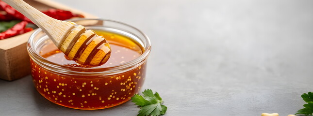 Fototapeta premium Jar of hot honey and dried chili peppers on grey background