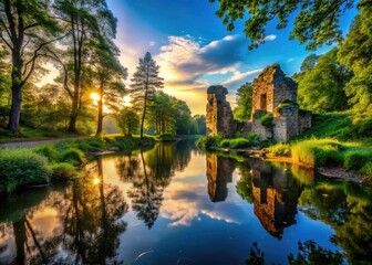 Fototapeta premium Tranquil exploration awaits amidst ancient ruins silhouetted against a lush forest, flowing river, and serene blue sky.