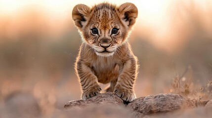 Obraz premium Lion cub sunset savanna Africa wildlife adorable