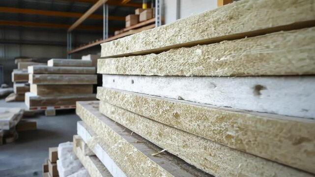A tactile view of insulation materials made of recycled products being installed in a factory wall representing steps taken to improve energy efficiency in building design.