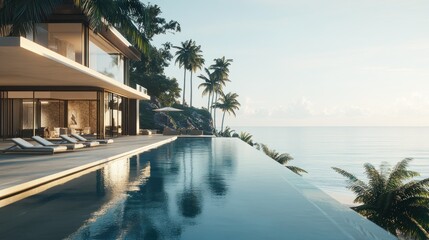 Fototapeta premium Luxurious beachfront villa with large rectangular swimming pool located just steps from the shoreline background wallpaper AI generated image