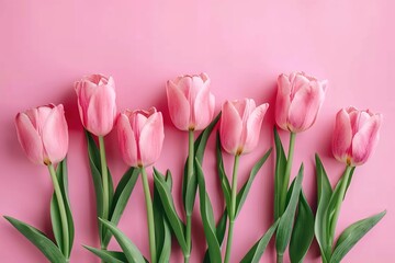 Fototapeta premium Bouquet of pink tulips flowers on pastel pink background. Elegant composition spring flowers. Happy Women's Day, Mother's Day, Valentine's Day, Easter, Birthday. Flat lay, top view, blank space