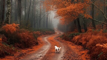 Dog walking autumn forest path, misty background, nature scene, tranquil mood, ideal for calendars