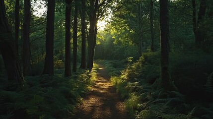 Sunlit forest path at dawn, nature trail, peaceful woods, tranquil scene, background foliage