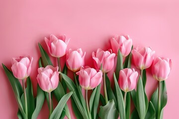 Fototapeta premium Bouquet of pink tulips flowers on pastel pink background. Elegant composition spring flowers. Happy Women's Day, Mother's Day, Valentine's Day, Easter, Birthday. Flat lay, top view, blank space
