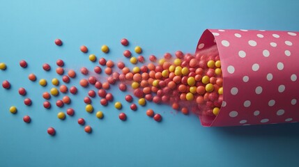Obraz premium Colorful candies spilling from pink polka dot cup.