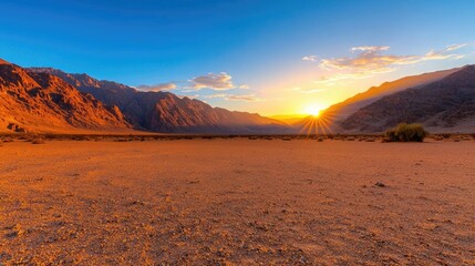 Fototapeta premium Desert sunset landscape, mountains, valley, warm light, travel photography