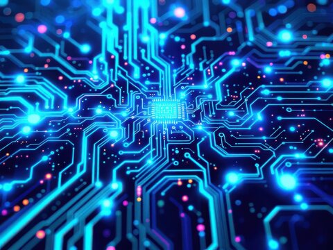 Futuristic Blue Circuit Board with Glowing Lights"