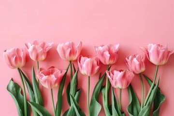 Fototapeta premium Bouquet of pink tulips flowers on pastel pink background. Elegant composition spring flowers. Happy Women's Day, Mother's Day, Valentine's Day, Easter, Birthday. Flat lay, top view, blank space