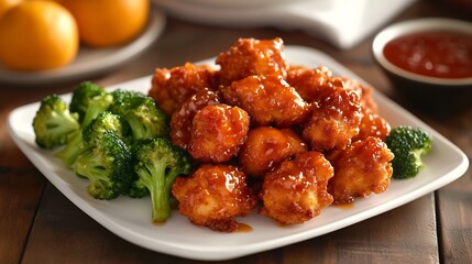 Serving of crispy orange chicken a tangy citrus glaze served with steamed broccoli