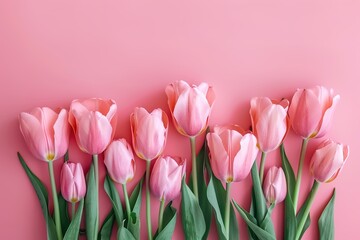 Fototapeta premium Bouquet of pink tulips flowers on pastel pink background. Elegant composition spring flowers. Happy Women's Day, Mother's Day, Valentine's Day, Easter, Birthday. Flat lay, top view, blank space