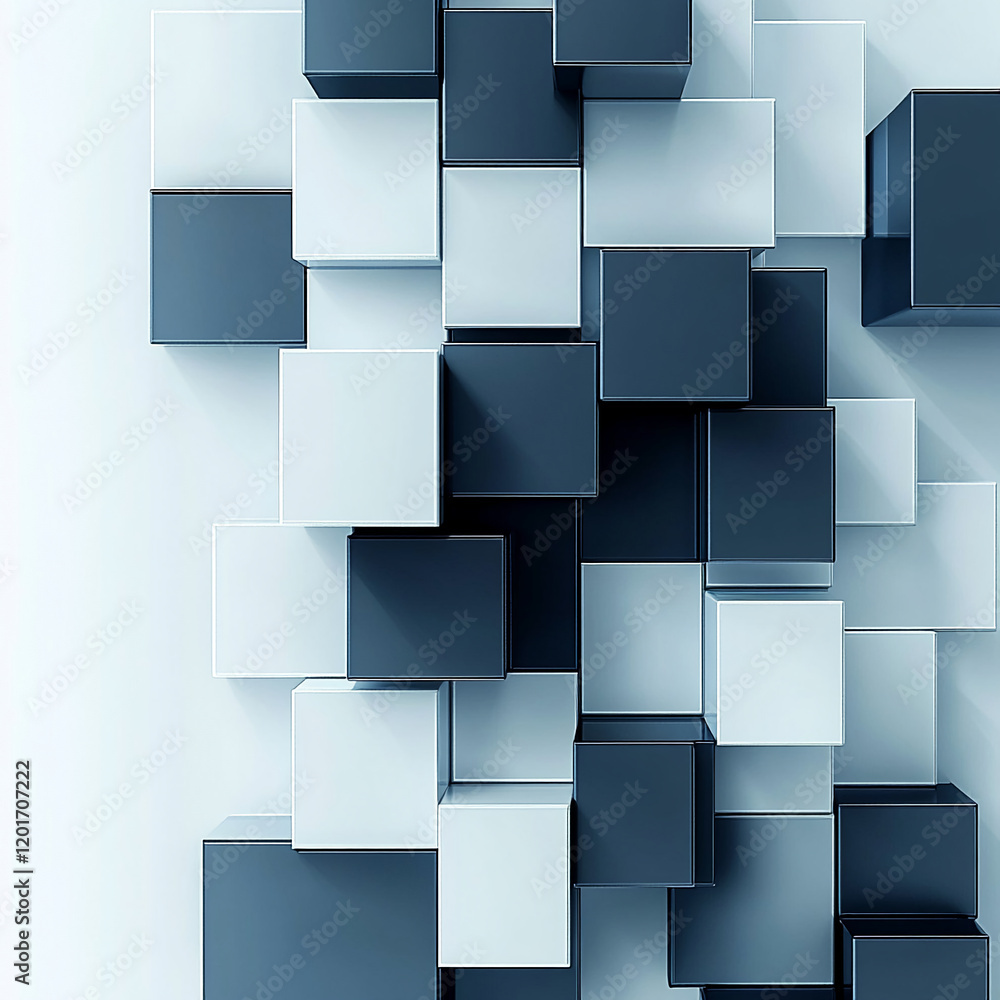 Poster abstract arrangement of 3d cubes in a geometric pattern with light reflections