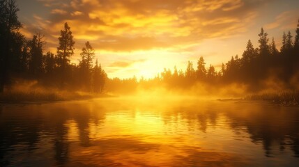 Golden sunrise over misty river and forest.