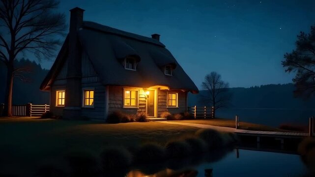 An illuminated traditional cottage with a thatched roof, glowing warmly from within, set against a starry night sky