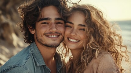 Joyful couple embracing in the sun, with the sea in the background.