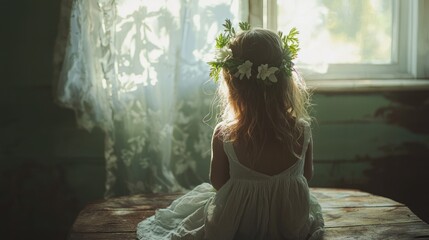 Girl in white dress sits by window, wearing flower crown.