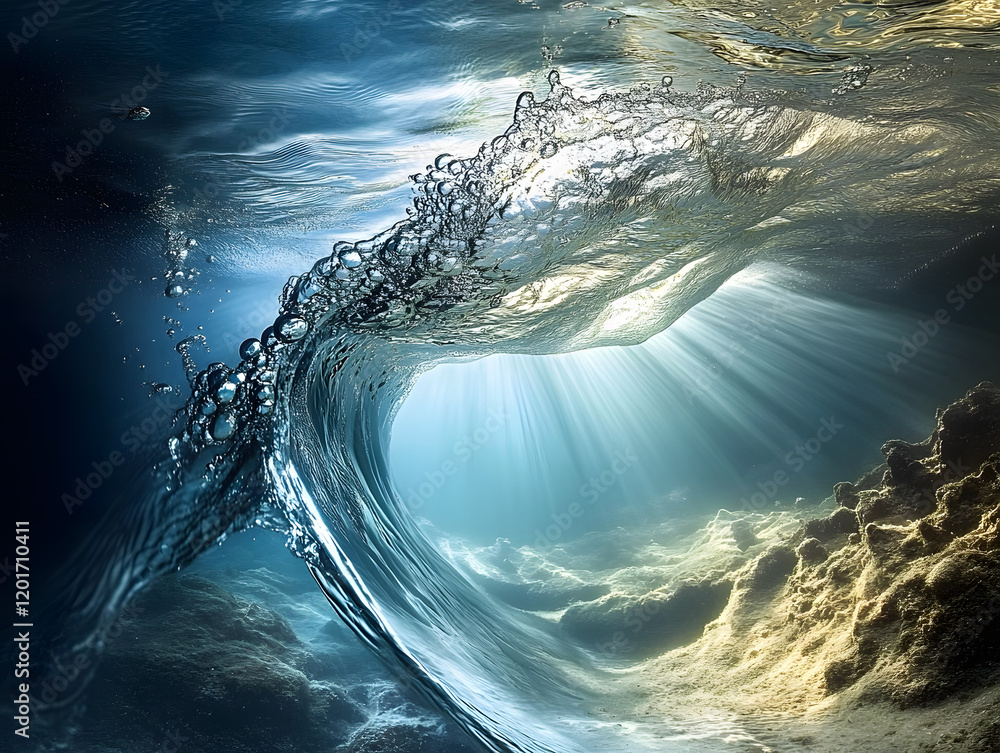 Poster dynamic underwater scene. clean, translucent water flows, creating a wave-like pattern with air bubb