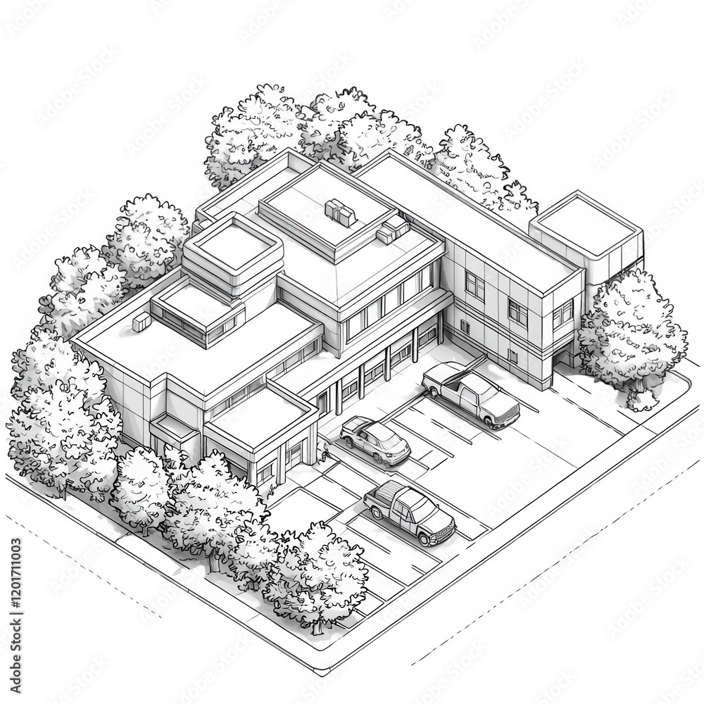 Poster a modern architectural building design surrounded by lush greenery and parking spaces., isolated on 
