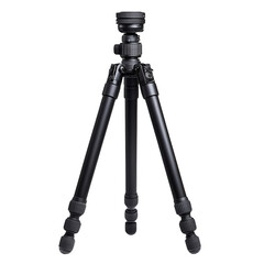 A modern black tripod for photography, designed for stability and versatility., isolated on a transparent background.