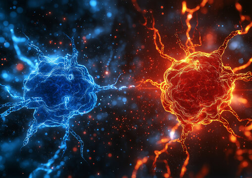 blue and red electricity flowing between neurons