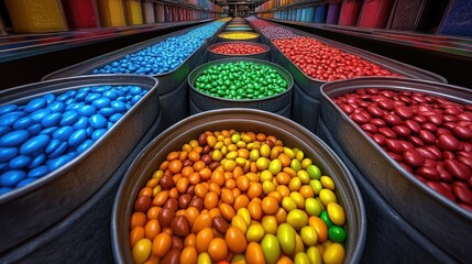Colorful candy in metal bins.