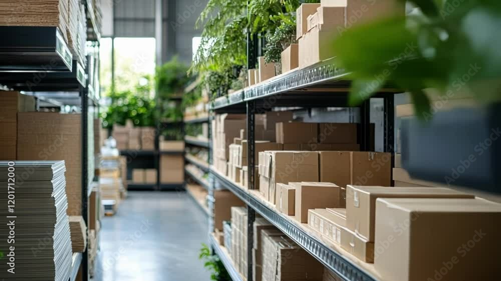 Poster closeup of ecofriendly materials stacked on a shelving unit within the microfactory highlighting the