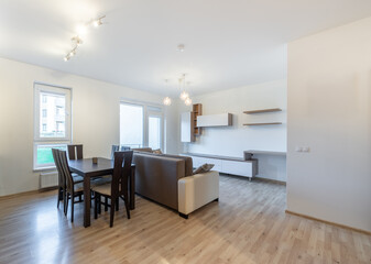 Modern Open Concept Living and Dining Room with Stylish Lighting and Furniture. Bright and spacious modern interior featuring a living area with a sofa, dining table, and sleek furniture arrangement.