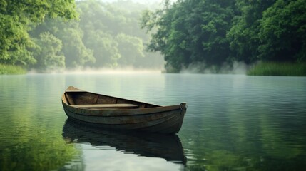 Obraz premium Serene Morning on the Lake: A Wooden Rowboat at Rest