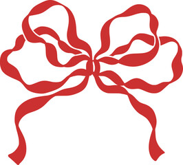 Red ribbon bow with wavy loops. Romantic coquette hand drawn decoration. Vintage whimsical style. Vector clipart element