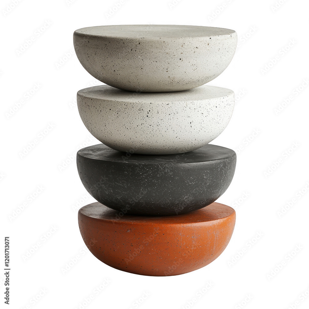 Poster a stack of modern, minimalist bowls made from various materials displaying style., isolated on a tra