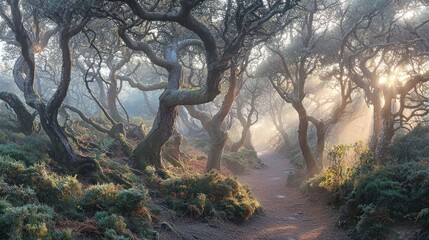 Sunlit path through a mystical, fog-laden forest with uniquely shaped trees.