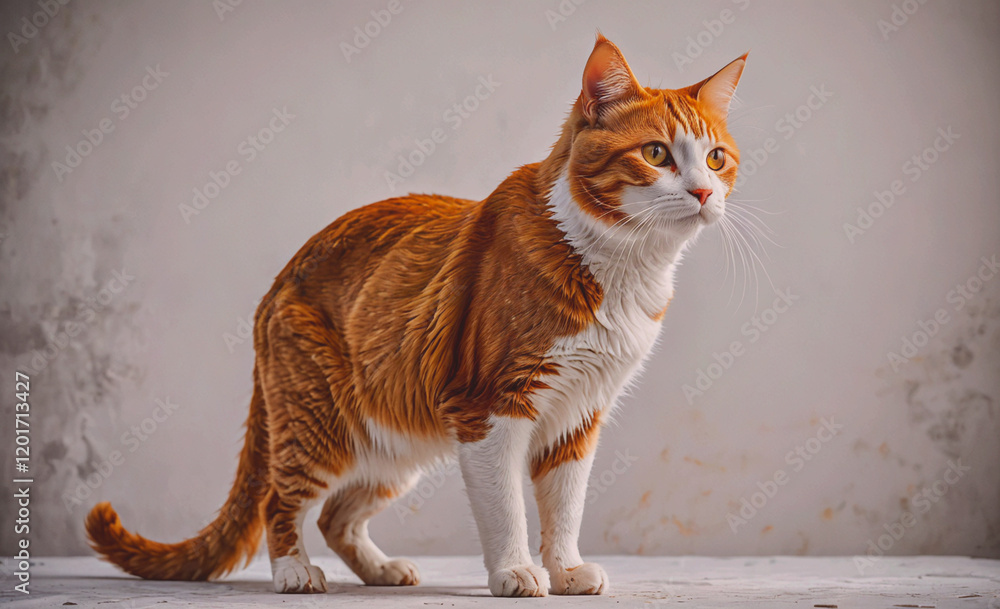 Poster a cat with orange and white fur stands on a white surface. the cat has a curious expression on its f