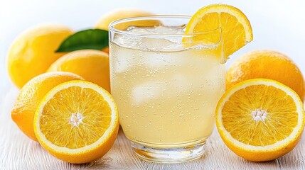Refreshing lemon iced drink with fruit slices. Summer beverage, perfect for hot weather