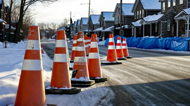 Orange cones are placed along a snow-covered street in a suburban neighborhood, indicating construction and providing safety measures