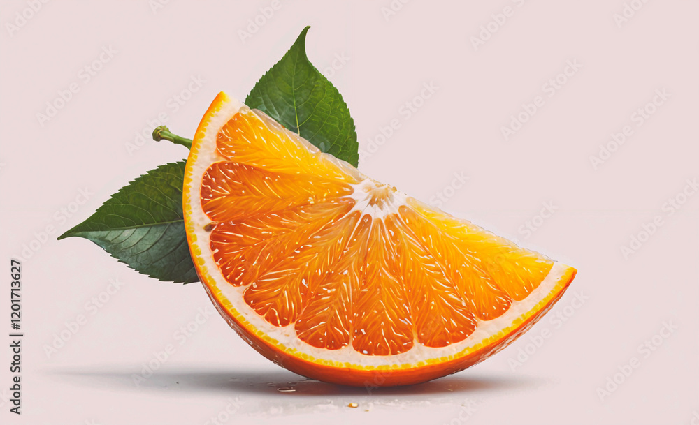 Poster a slice of orange with a leaf on top. the orange is cut in half and the leaf is on the right side