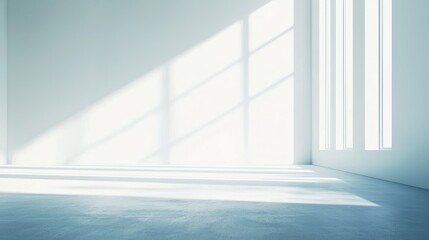 Sunlit Minimalist Room Interior Design:  Empty Space with Bright Windows and Light Blue Tones