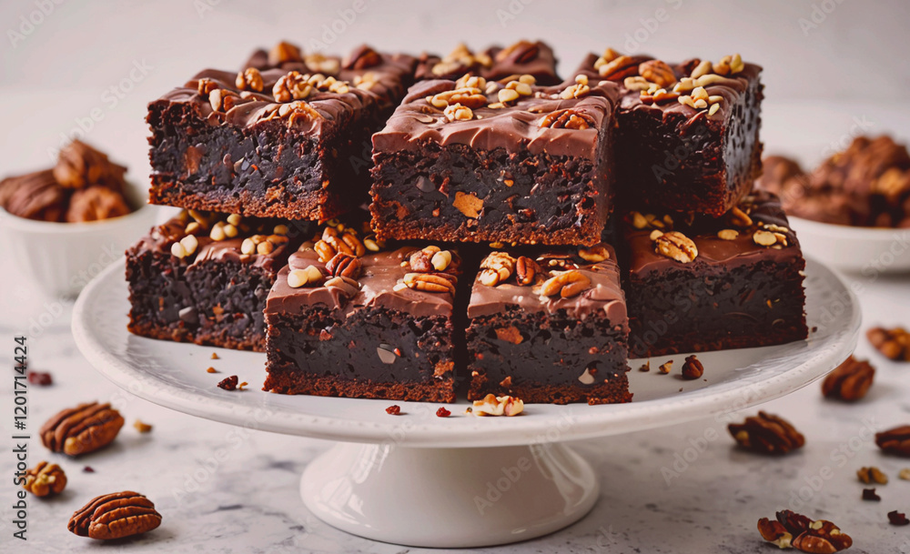 Poster a white cake stand with a stack of brownies on top. the brownies are covered in nuts and chocolate