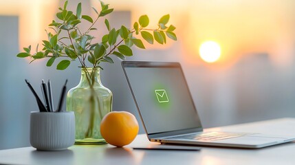 Sunset office view; laptop email; desk plant; fruit