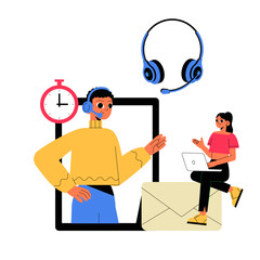 Customer Support Team With Male And Female Specialists In Flat Vector Illustration Symbolizing Assistance, Service, And Communication, Isolated On White Background.