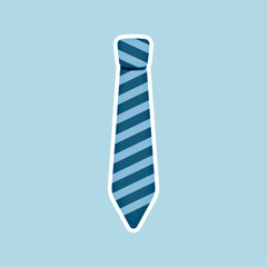 Father's Day sticker. Blue striped tie with white outline on light blue background. Vector illustration. Square bright background. Stickers for Men's Day. Accessory.