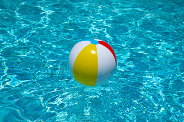 Summer vacation. Beach ball. Summer party. Inflatable beach ball. Striped ball for play in water. Copy space for text.