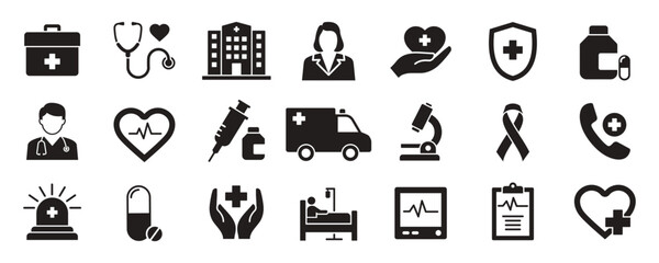 Hospital and medical health care icon set. Containing hospital, drug, heart beat, doctor, stethoscope, ambulance, medical bed and more, vector illustration
