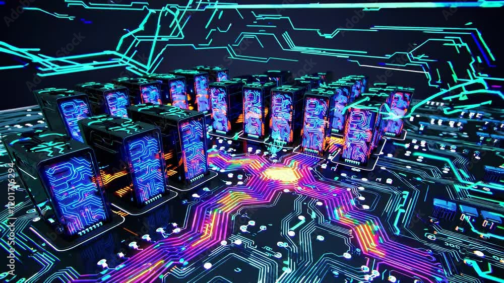 Poster complex quantum computing system processing digital data through advanced holographic motherboard, r