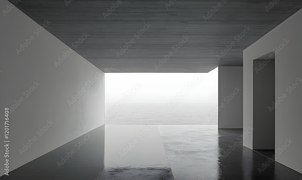 Poster minimalist architecture showcasing a serene ocean view through a modern hallway. a tranquil and calm
